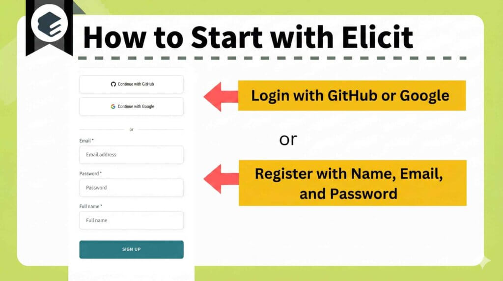 Elicit provides login via GitHub, Google, or email registration.
