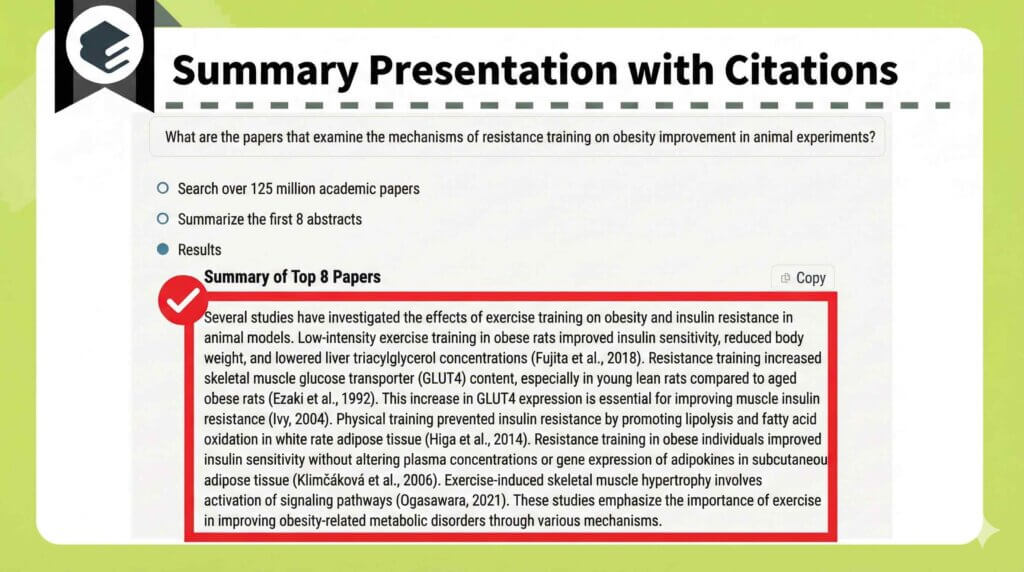 Elicit은 인라인 인용이 포함된 주요 논문의 요약을 종합합니다.