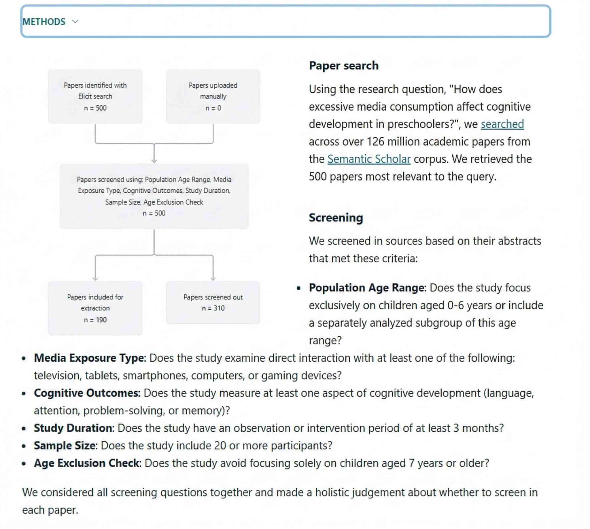 다음은 Elicit의 Systematic Review 기능의 테이블 인터페이스를 보여주는 스크린샷입니다.