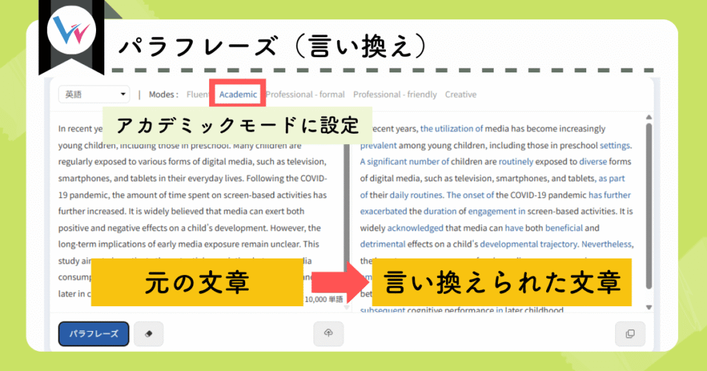 Wordvice AIでパラフレーズ(実際の図)