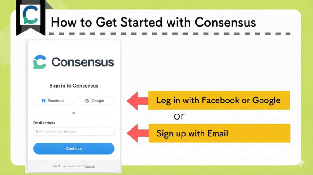 Consensus offers login via Facebook, Google, or email for quick account setup.