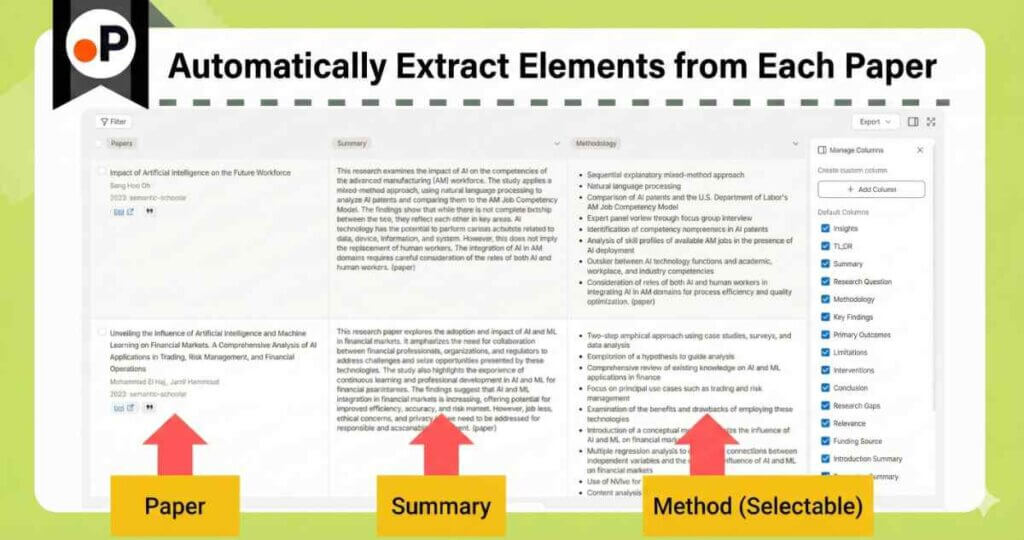 Paperguide는 요약 및 방법론적 세부 사항을 사용자 정의 가능한 열 보기로 자동 추출합니다.