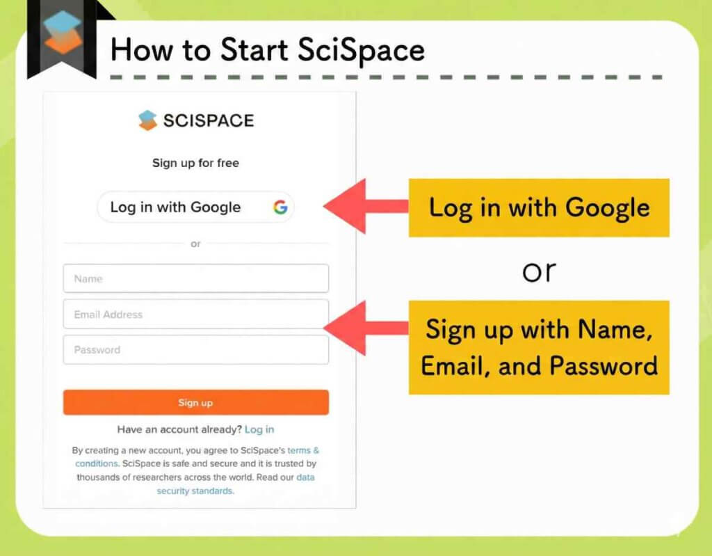 Scispace offers quick access via Google login or manual signup with name, email, and password.