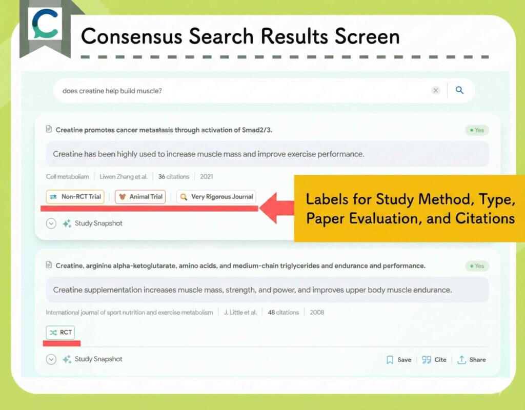 Consensus의 풍부한 라벨링 아이콘은 검색 결과에서 논문 인용 및 속성을 시각적으로 요약합니다.