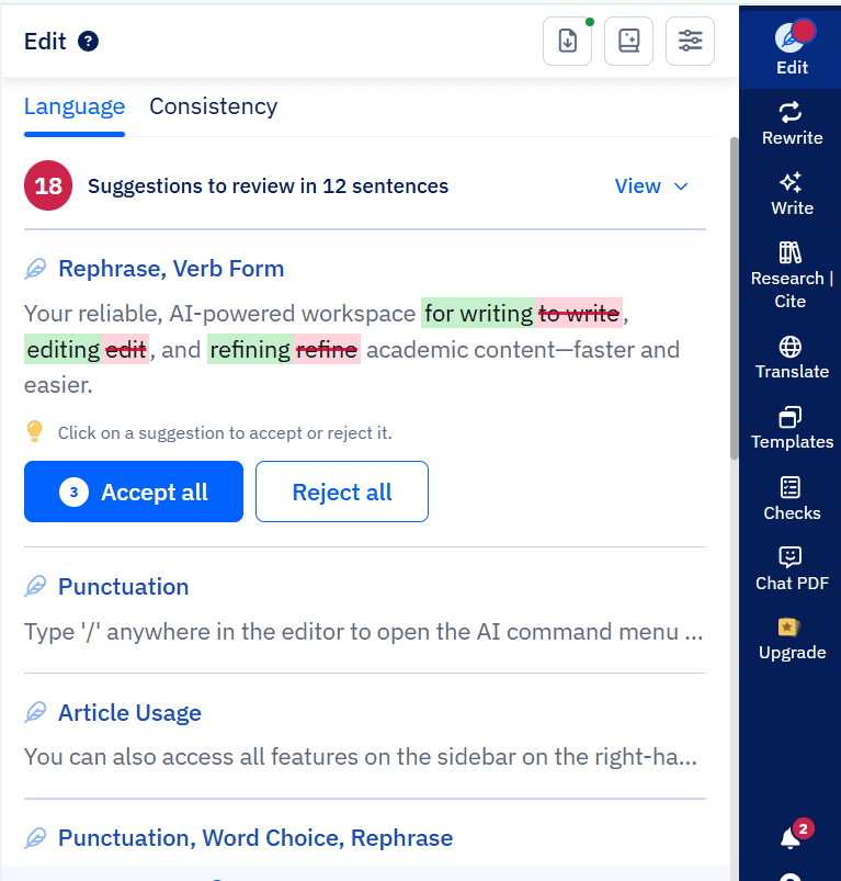 Screenshot of the Paperpal interface showing the manuscript review screen with automated language suggestions, corrections, and feedback for academic writing.