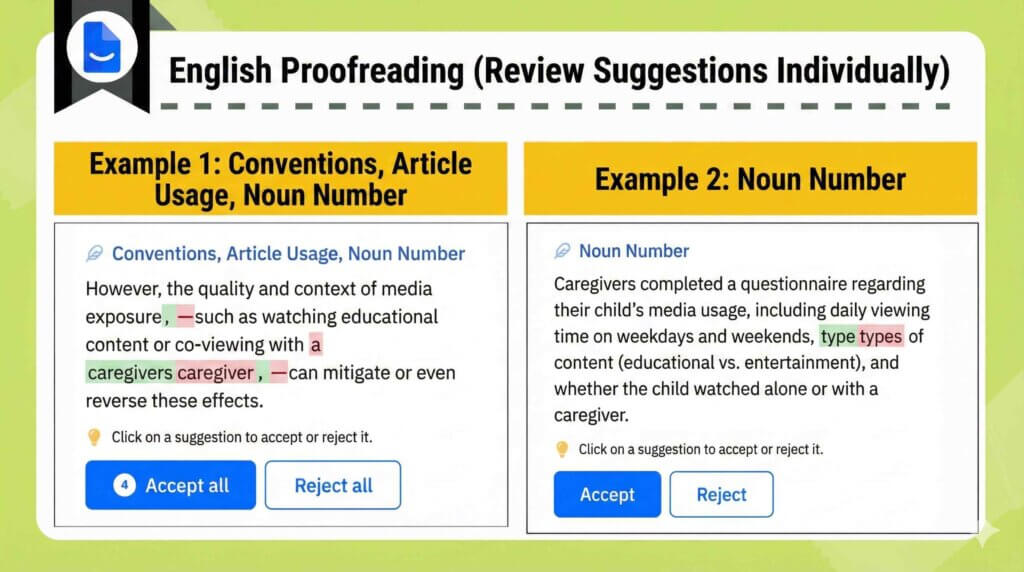Paperpal은 개별 문법 및 수 오류를 수락 또는 거부 제어 기능으로 강조 표시합니다.
