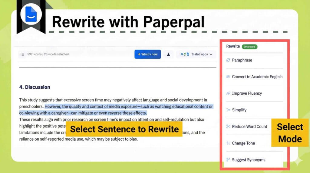 Paperpal은 선택된 문장을 의역, 단순화 또는 어조 조정과 같은 모드를 사용하여 다시 작성합니다.