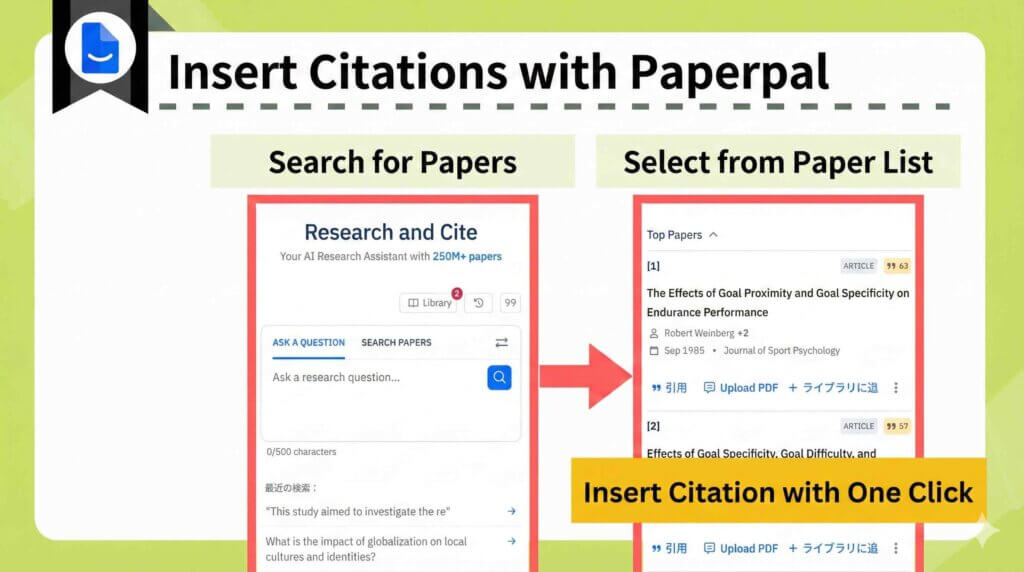 Paperpal enables one-click citation insertion after searching and selecting relevant papers.