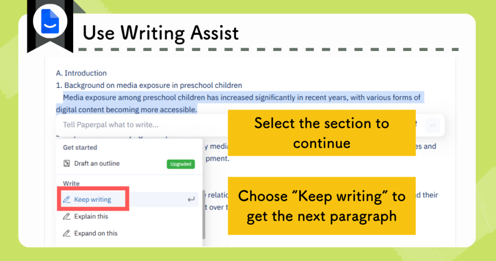 Paperpal Writing Assist continues selected sections by generating the next paragraph.
