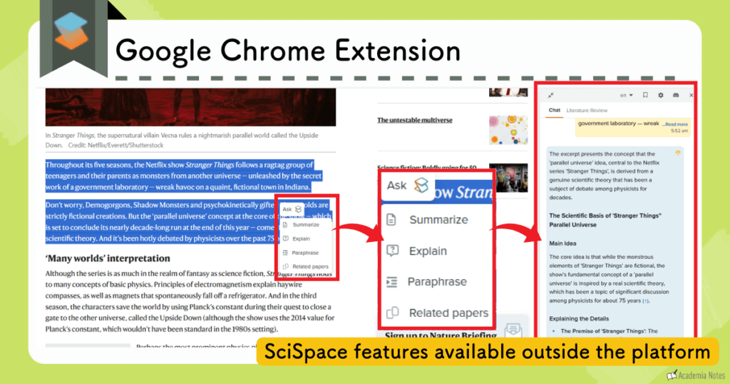 SciSpace Chrome 扩展程序支持在网页上总结、解释、释义和查找相关论文。