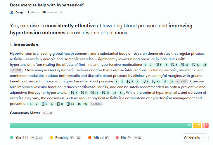 The results screen of Consensus Pro Search