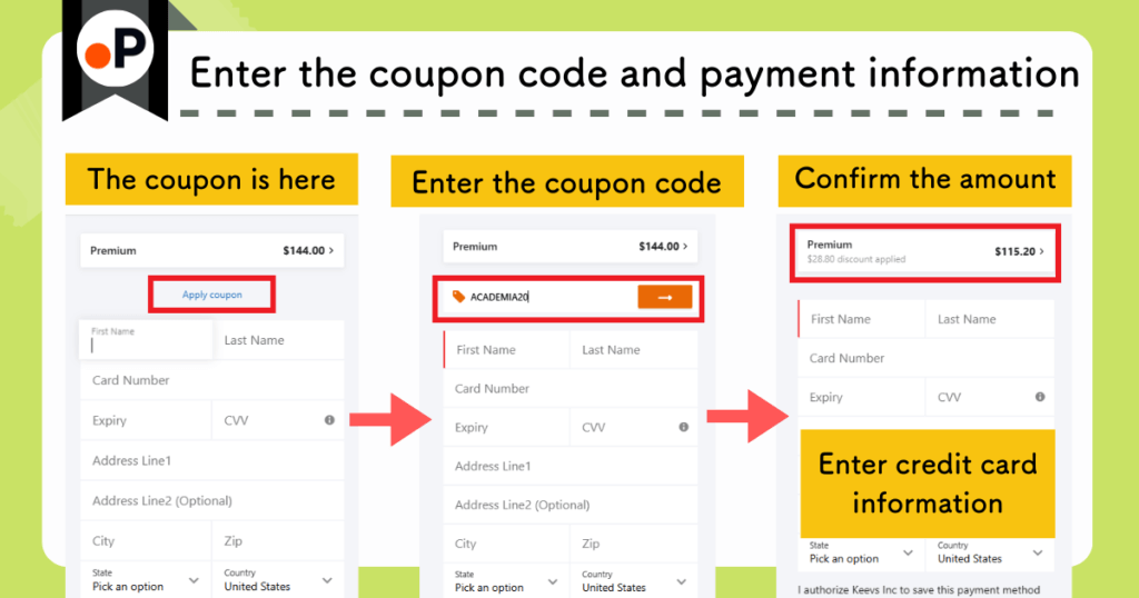 Paperguide allows users to apply coupon codes and enter payment information for premium subscriptions.