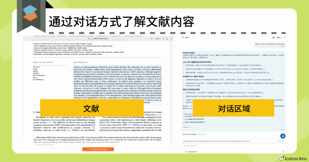通过对话方式提问文献内容界面。以聊天形式解析论文内容。