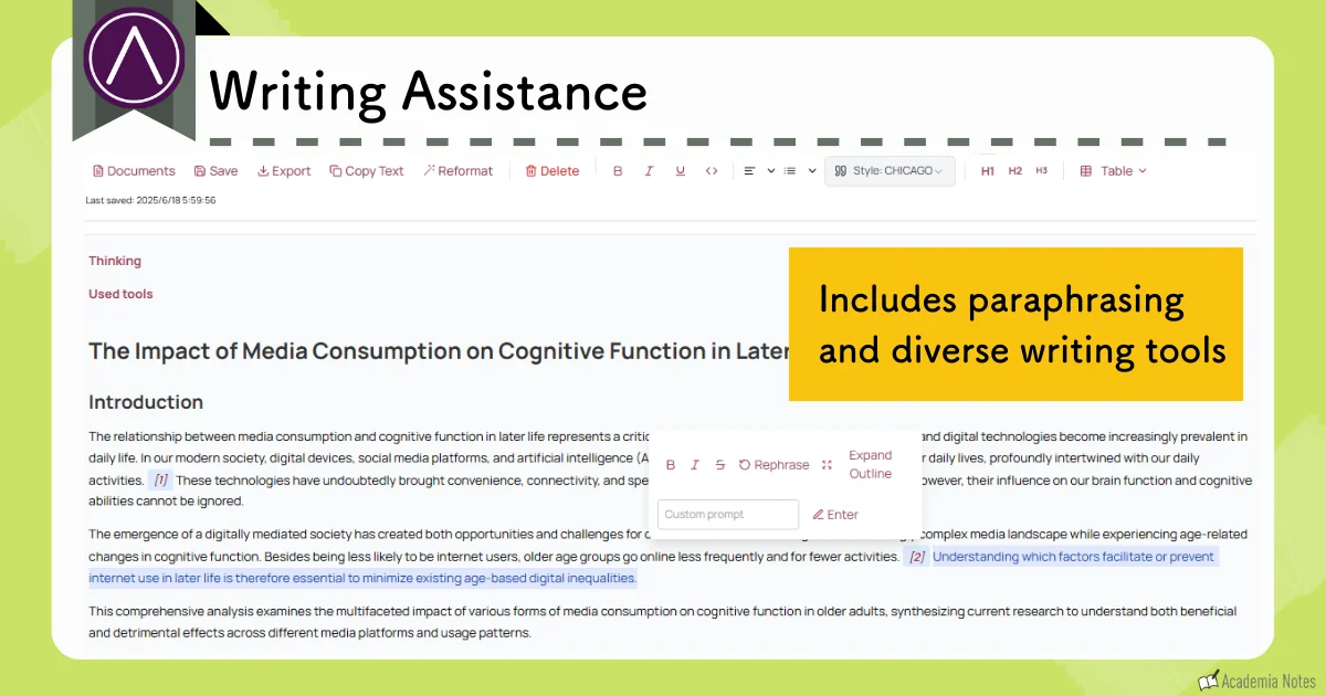 Writing Assistance document editing screen with formatting tools