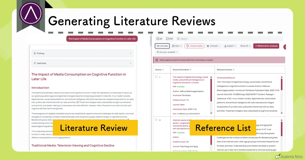 AnswerThis literature review generation screen where you can organize sources and create reference lists