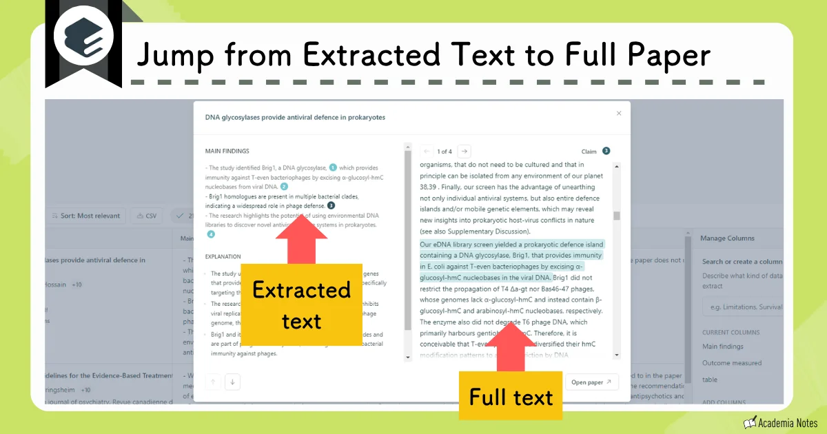 Elicit screen showing how to jump from extracted text to full paper