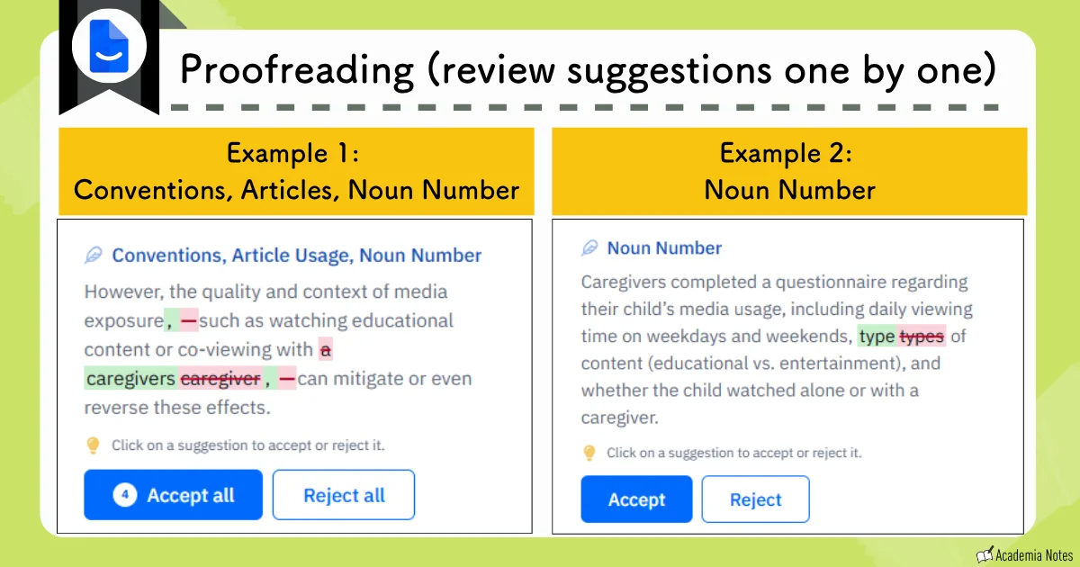 Paperpal proofreading screen showing review suggestions one by one