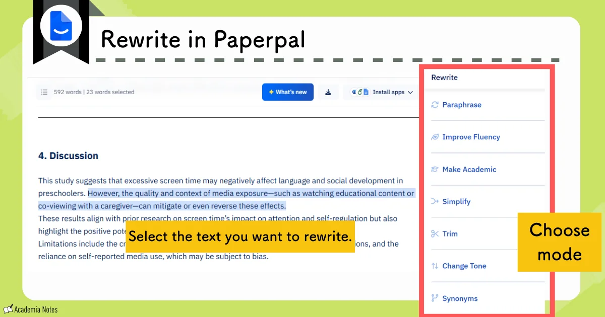 Paperpal rewrite feature selection screen