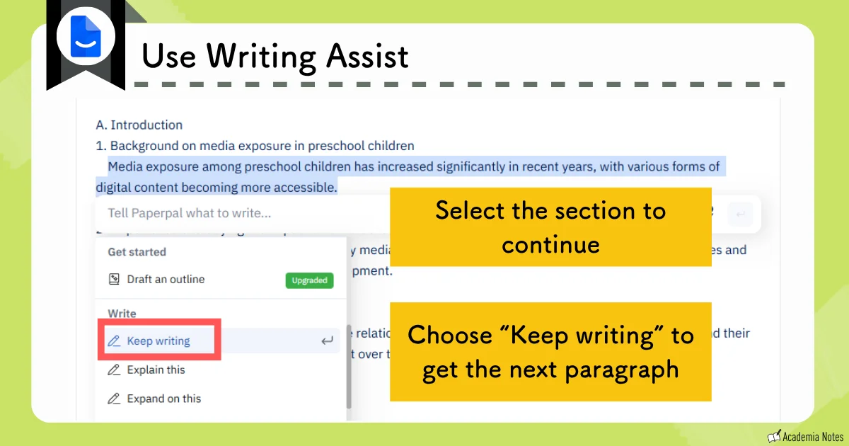Use Writing Assist screen showing writing options