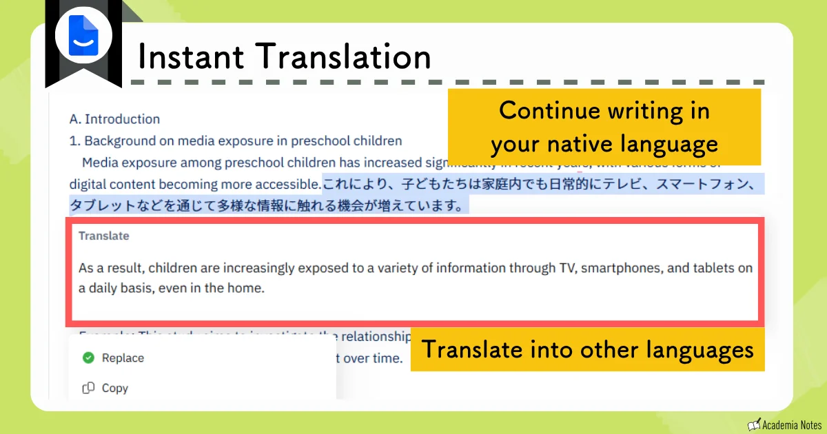 Paperpal instant translation screen where you can translate text between languages