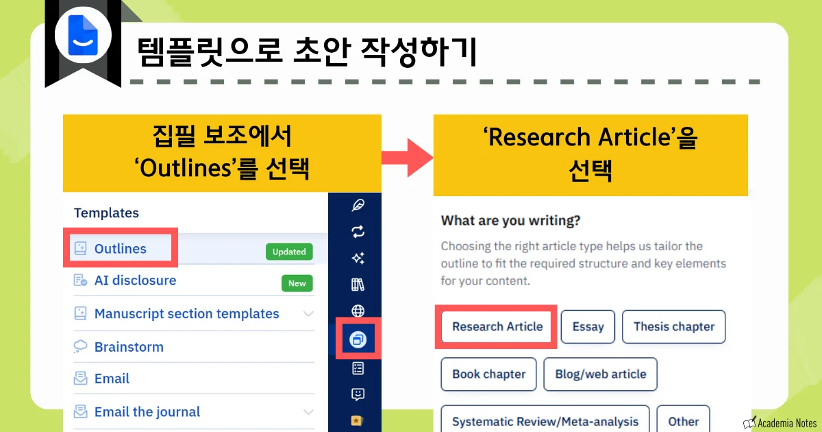 템플릿 선택 및 논문 유형 설정 화면