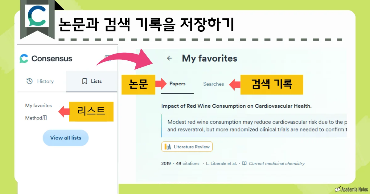 Tool name에서 즐겨찾기 논문을 리스트로 저장하는 화면