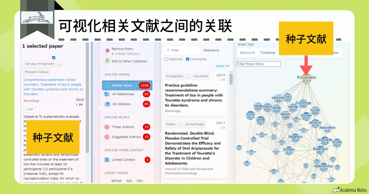 Research Rabbit 展示文献关联关系的网络图谱界面