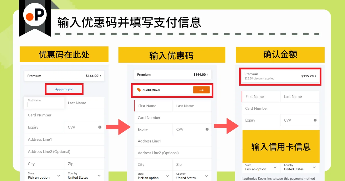 Paperguide 的优惠码输入和支付信息填写界面
