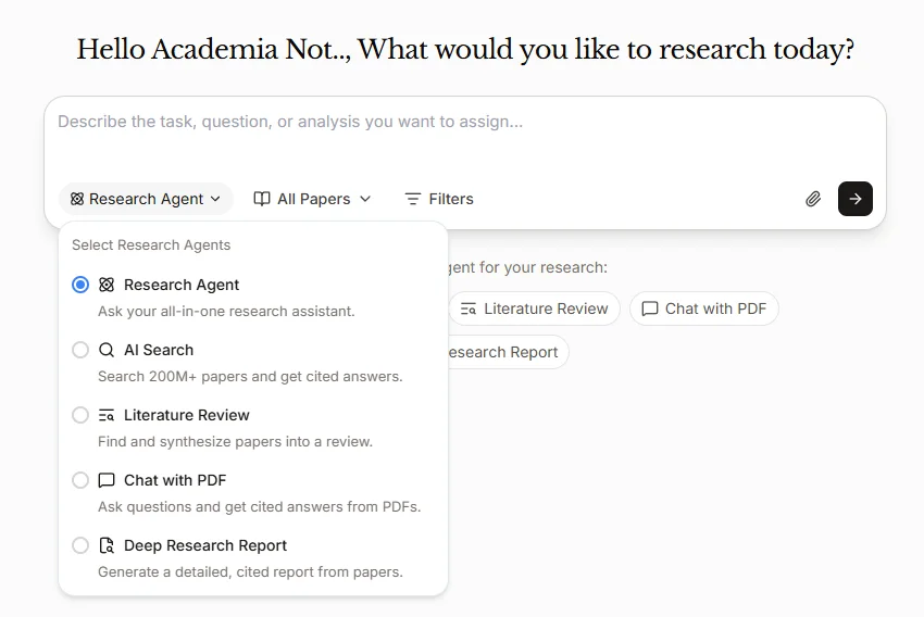 Paperguide research agent selection screen