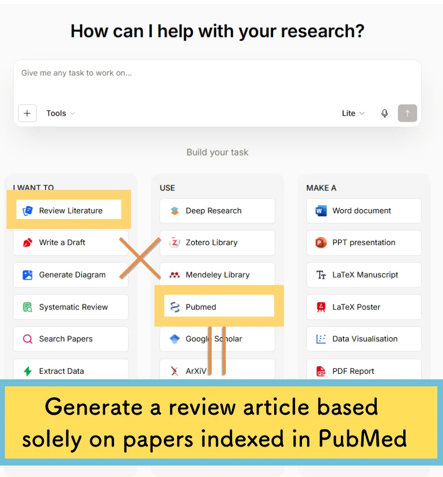 SciSpace task builder screen where you can select research tools and actions
