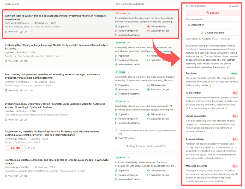 Full-text screening decision screen in Paperguide