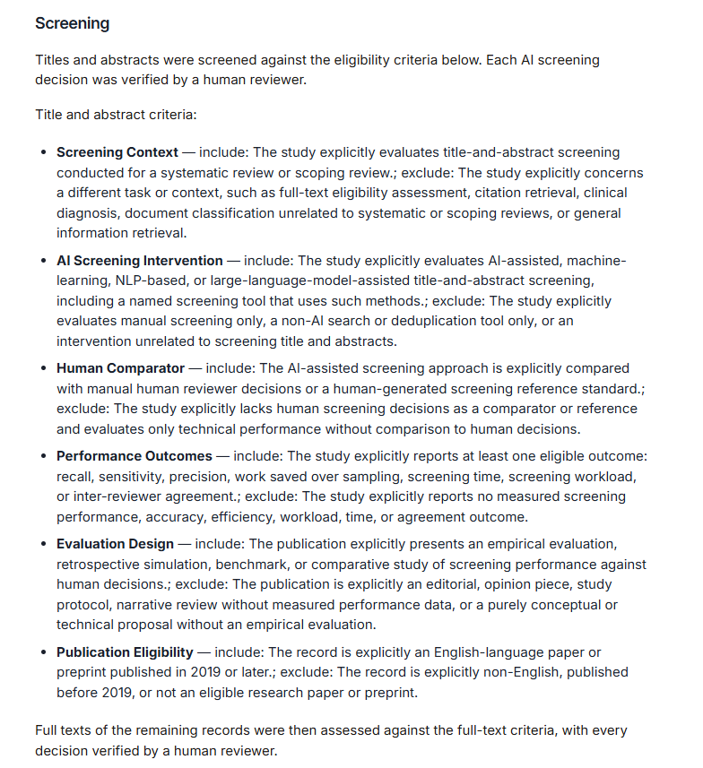 Screening criteria section of a Paperguide review report