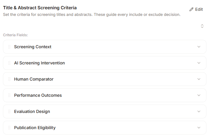Title and abstract screening criteria screen in Paperguide