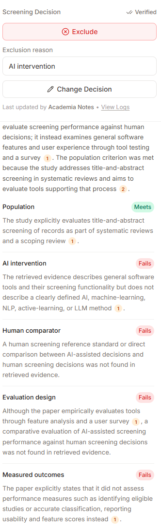 Screening decision panel in Paperguide