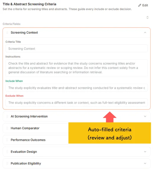 Auto-filled screening criteria in Paperguide