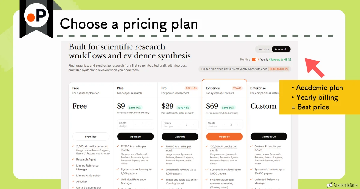 Pricing plan screen in Paperguide