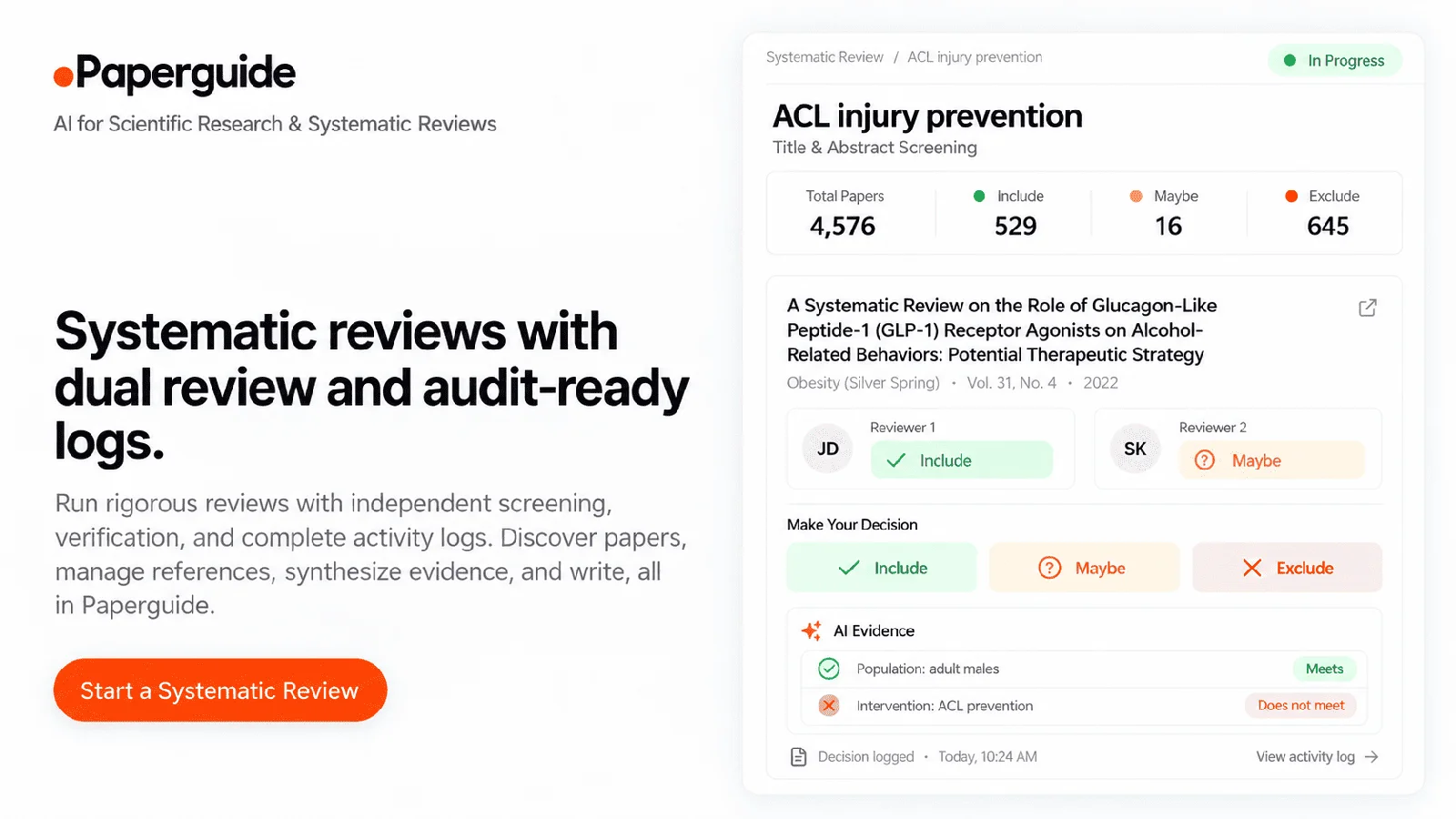 Paperguide - AI for Scientific Research & Systematic Reviews | Systematic reviews with dual review and audit-ready logs.